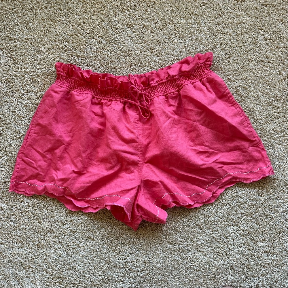 Anthropologie Linen Pull On Scalloped Hem Shorts Coral Pink L Double Waistband‎